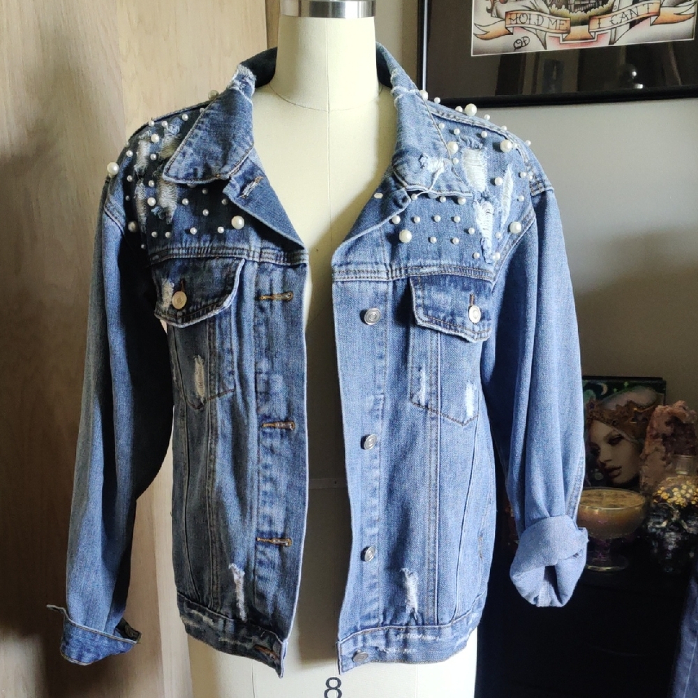 Forever 21 Blue Jean Jacket with Pearl Embellishments Size M